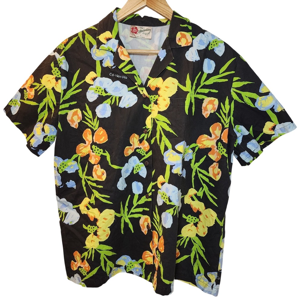 Vintage Hilo Hattie Hawaiian Shirt Men's M Black Hibiscus Made in Hawaii Cotton